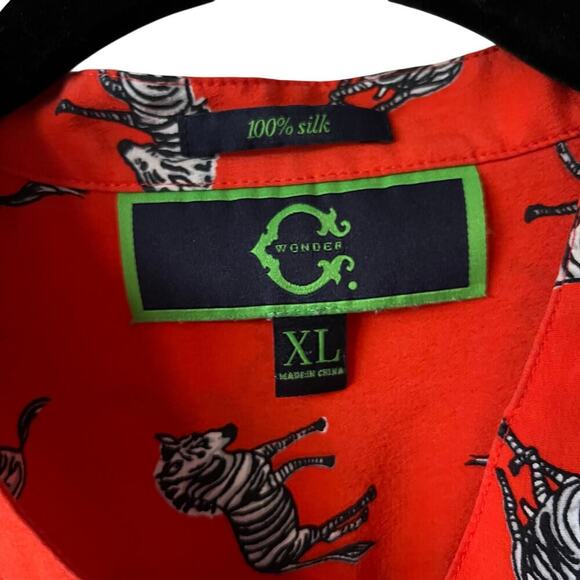 C. Wonder 100% Silk Red with Zebra Motif Button Down Blouse Size XL - Picture 3 of 5